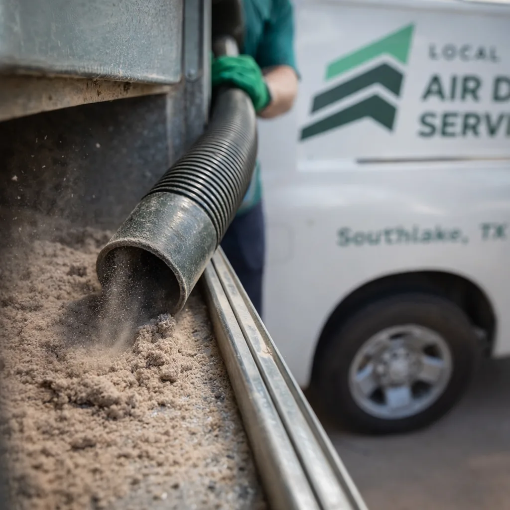 Close-up of a vacuum hose clearing settled dust from inside a metal duct run