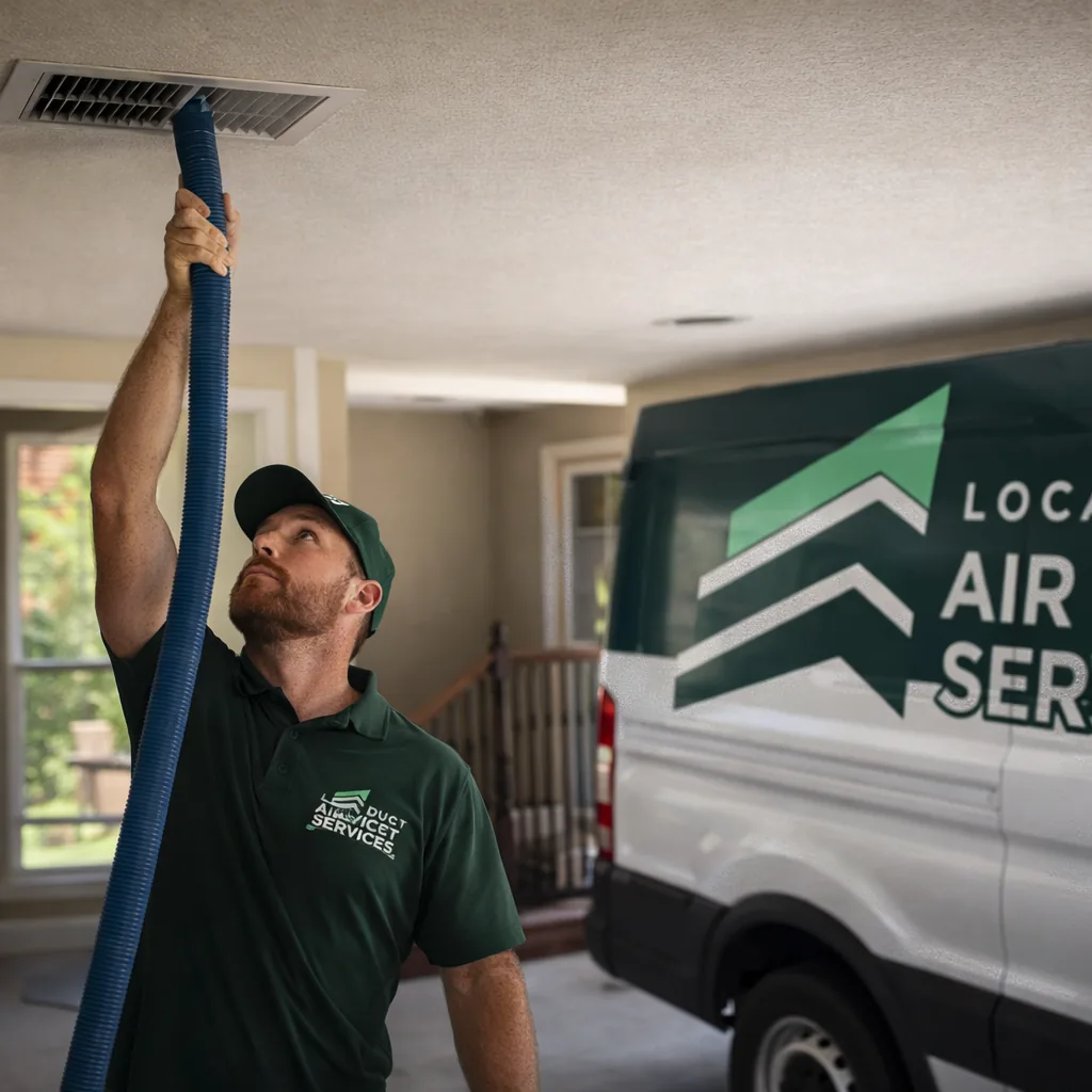 Technician cleaning a supply register in the ceiling of a Southlake-area home during a hot North Texas summer