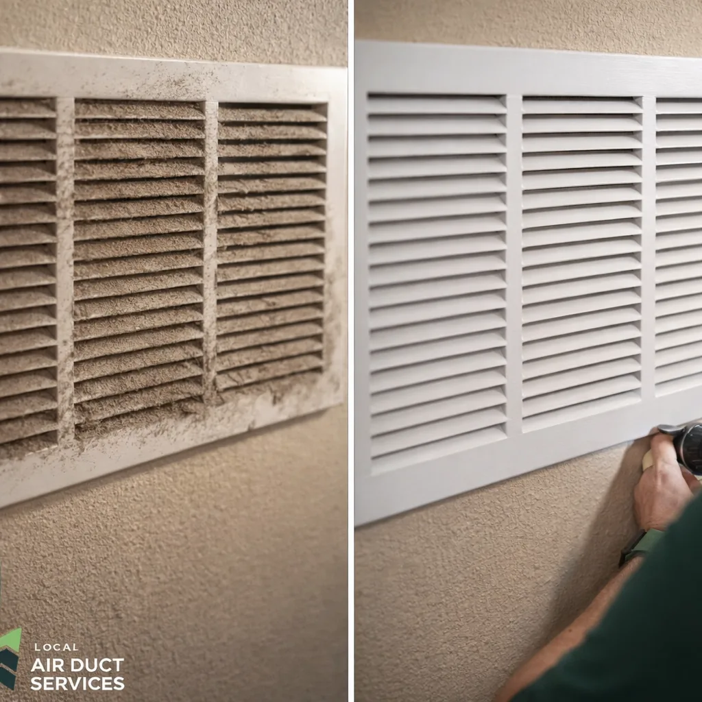 Dusty return grille in a Colleyville home before cleaning beside the same grille clean and reinstalled