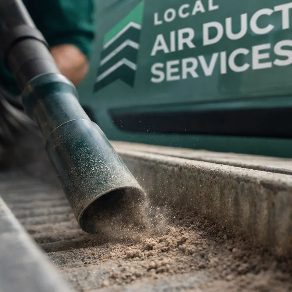 Close-up of settled dust and fine debris being vacuumed from inside a long duct branch run