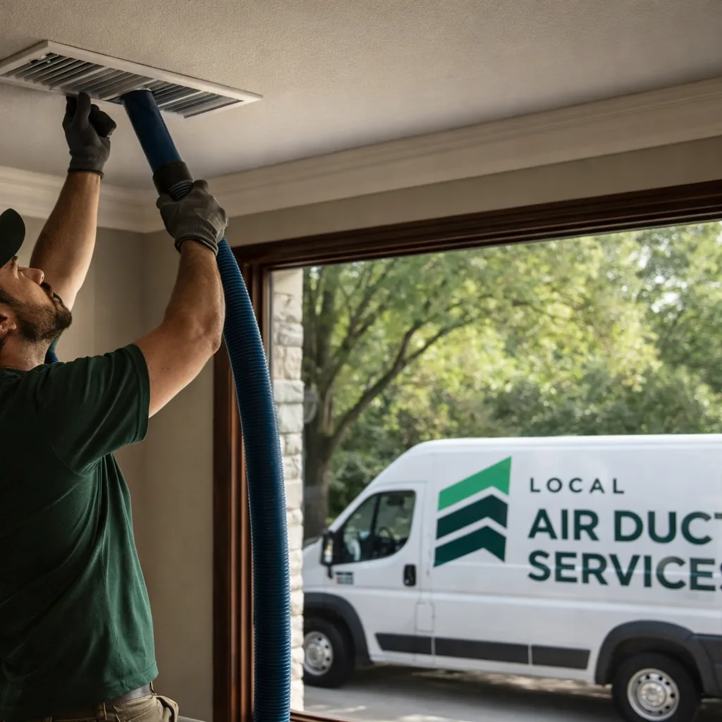 Technician cleaning a ceiling supply register inside a large Colleyville home with mature trees visible through a window