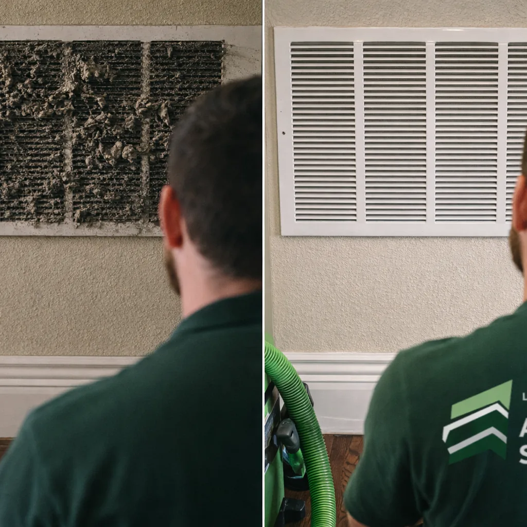 A heavily built-up return grille before cleaning next to the same grille cleaned and reinstalled