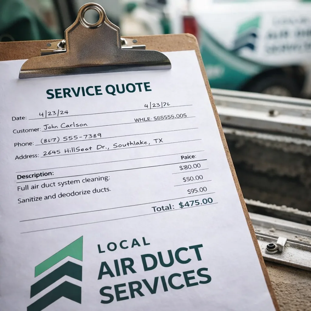 Close-up of a written service quote on a clipboard next to an open return grille
