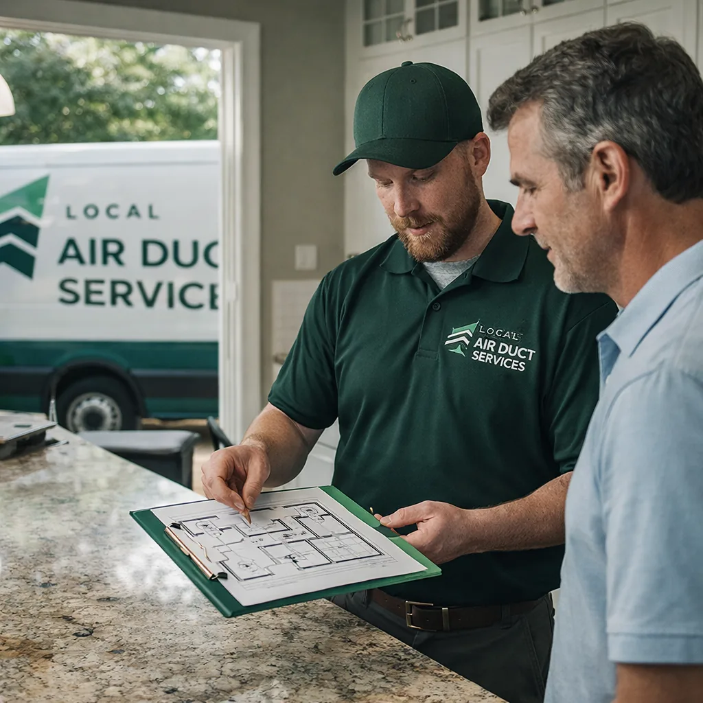 Technician reviewing a duct layout with a homeowner in a Southlake-area kitchen before starting work