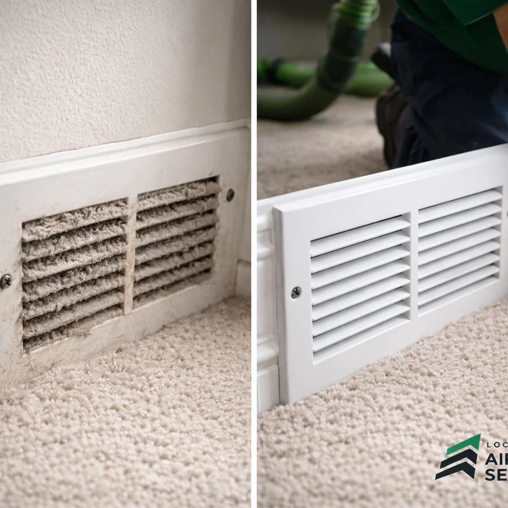 Dusty supply register in a Flower Mound home before cleaning beside the same register clean and reinstalled