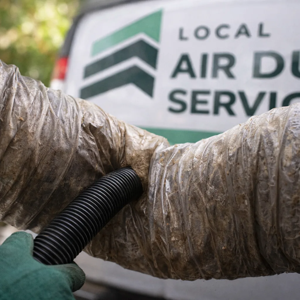 Close-up of a sagging section of older flexible ductwork spotted during a cleaning