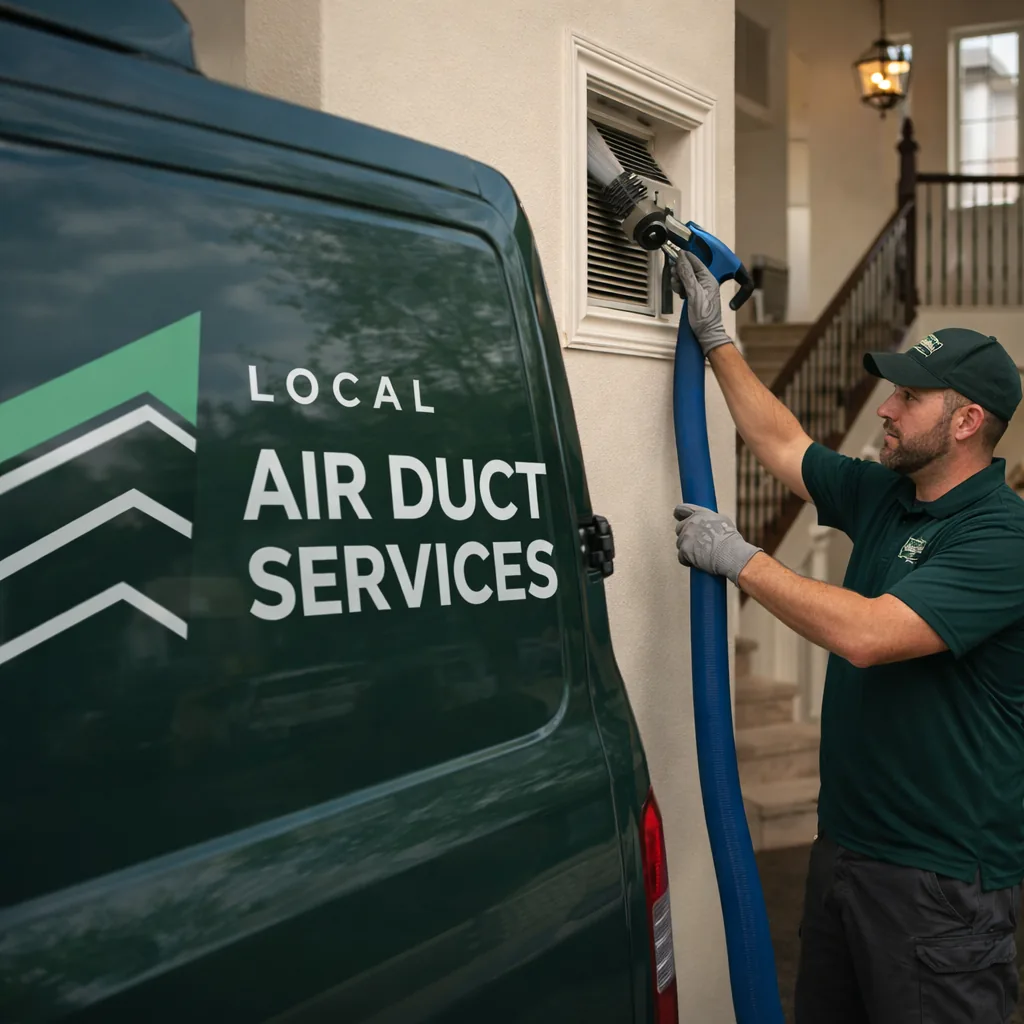 Technician cleaning a return grille inside a two-story Flower Mound home with a staircase in the background