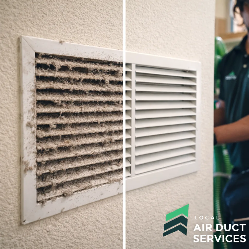 Heavily built-up return grille in an established Grapevine home before cleaning next to the same grille clean and reinstalled