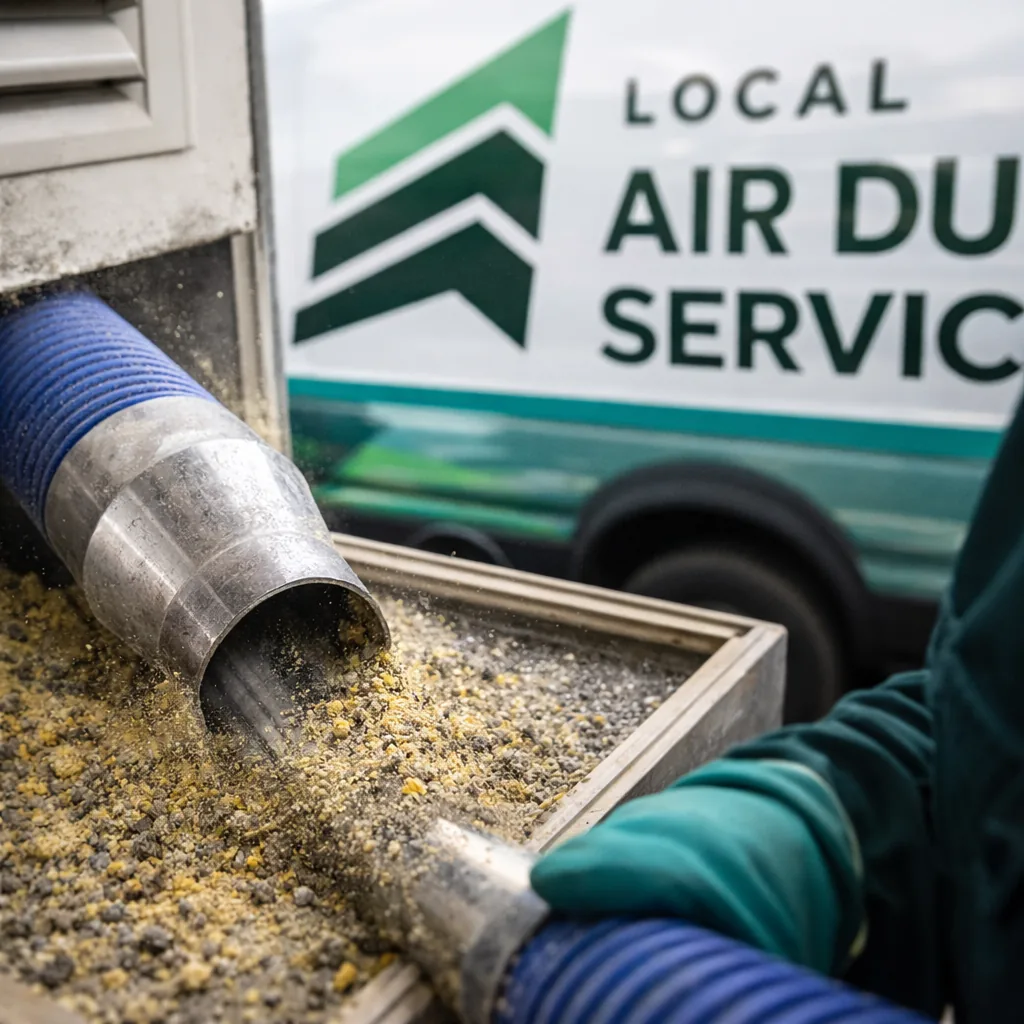 Close-up of pollen and fine debris being vacuumed out of a duct run near a supply register