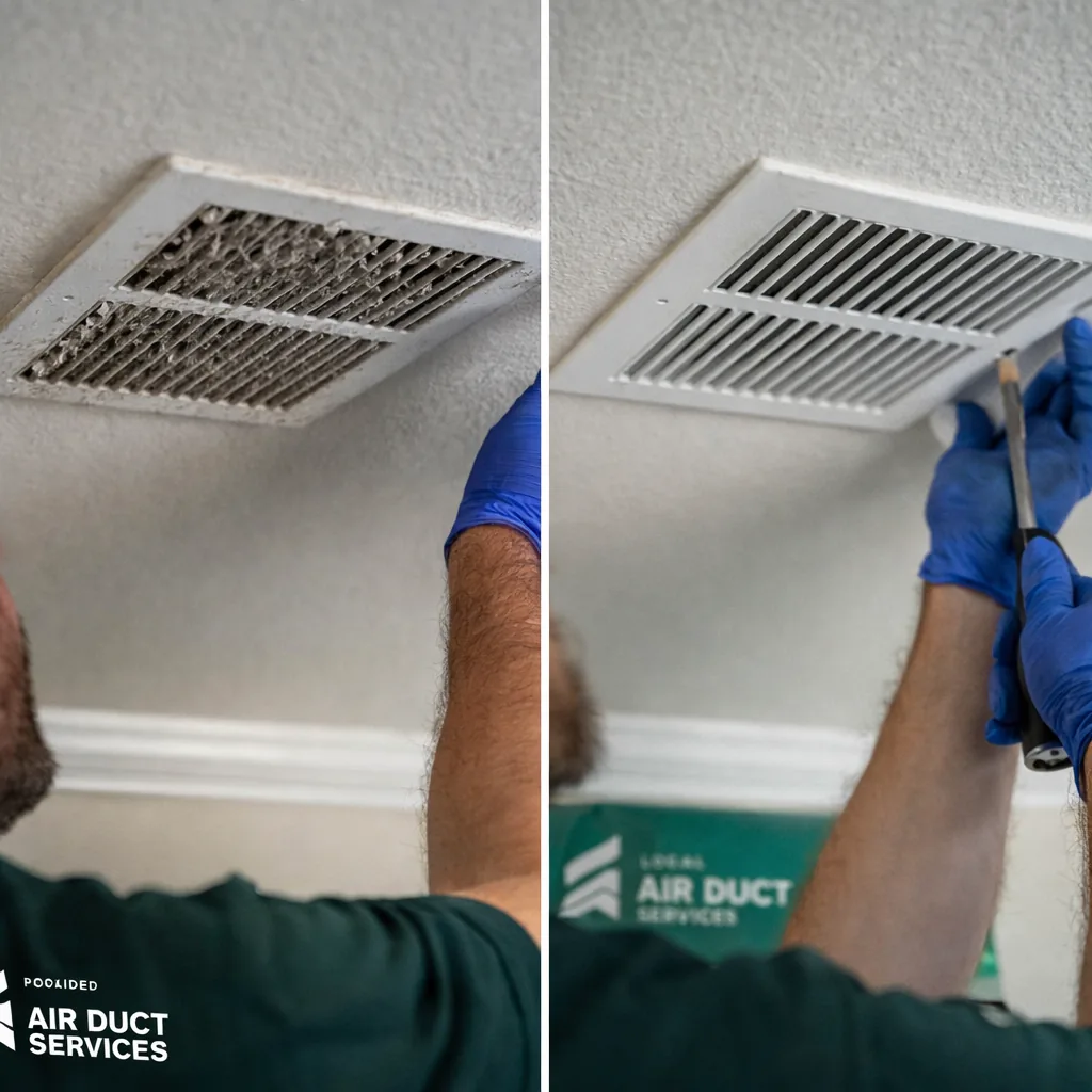 Dusty upstairs supply register in a Keller home before cleaning beside the same register clean and reinstalled