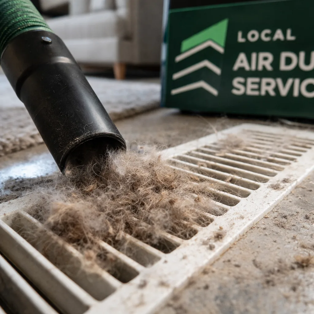 Close-up of pet hair and dust being vacuumed out of a return grille near a family living area