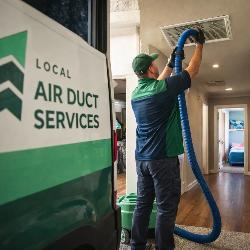 Technician cleaning a return grille inside a two-story Keller home with bedrooms visible down the hallway