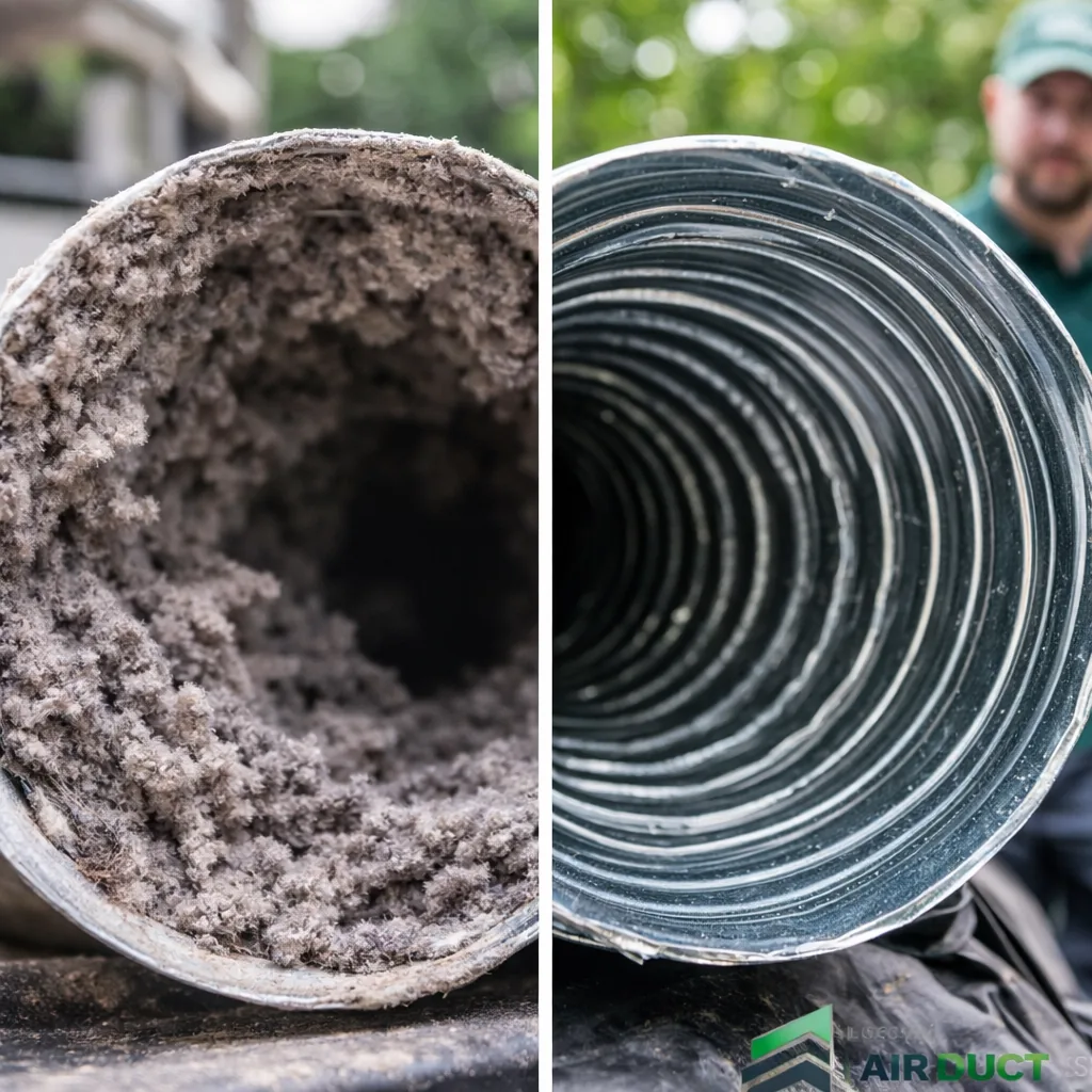 Heavily lint-packed dryer vent duct before cleaning shown beside the same duct fully cleared after service