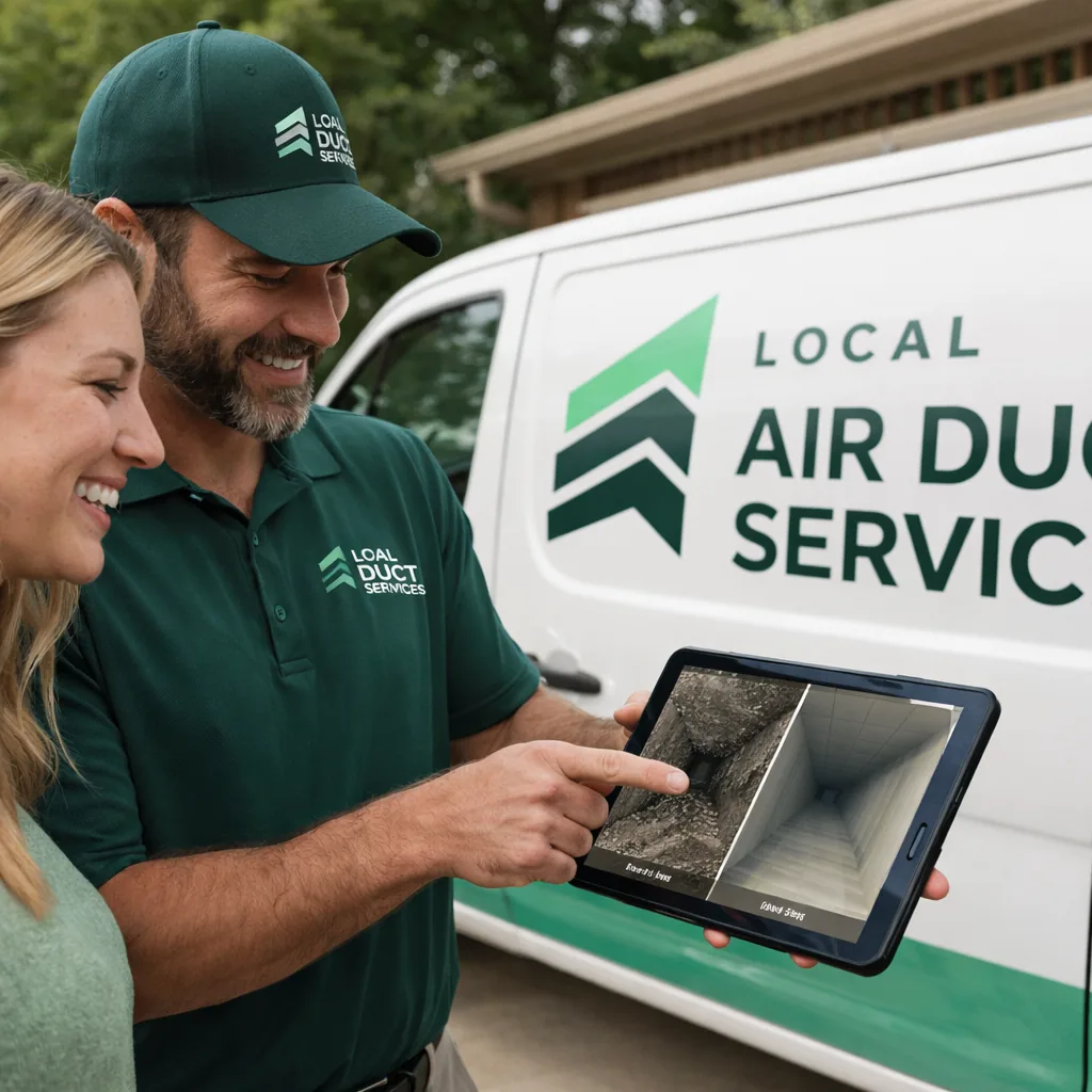 Technician showing a homeowner a tablet with before-and-after photos of their just-cleaned duct system