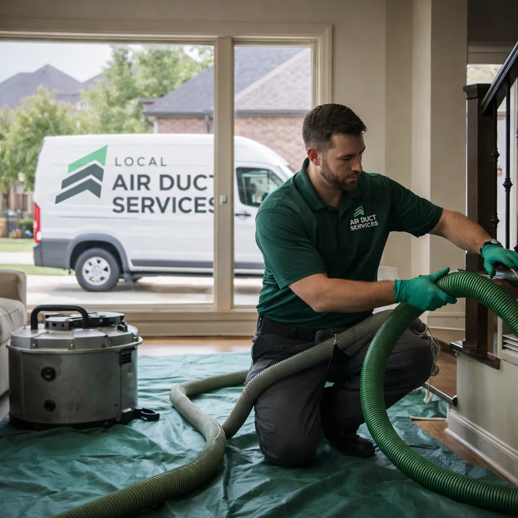Uniformed technician cleaning an air duct register in the living room of a two-story Southlake home with floor protection laid down