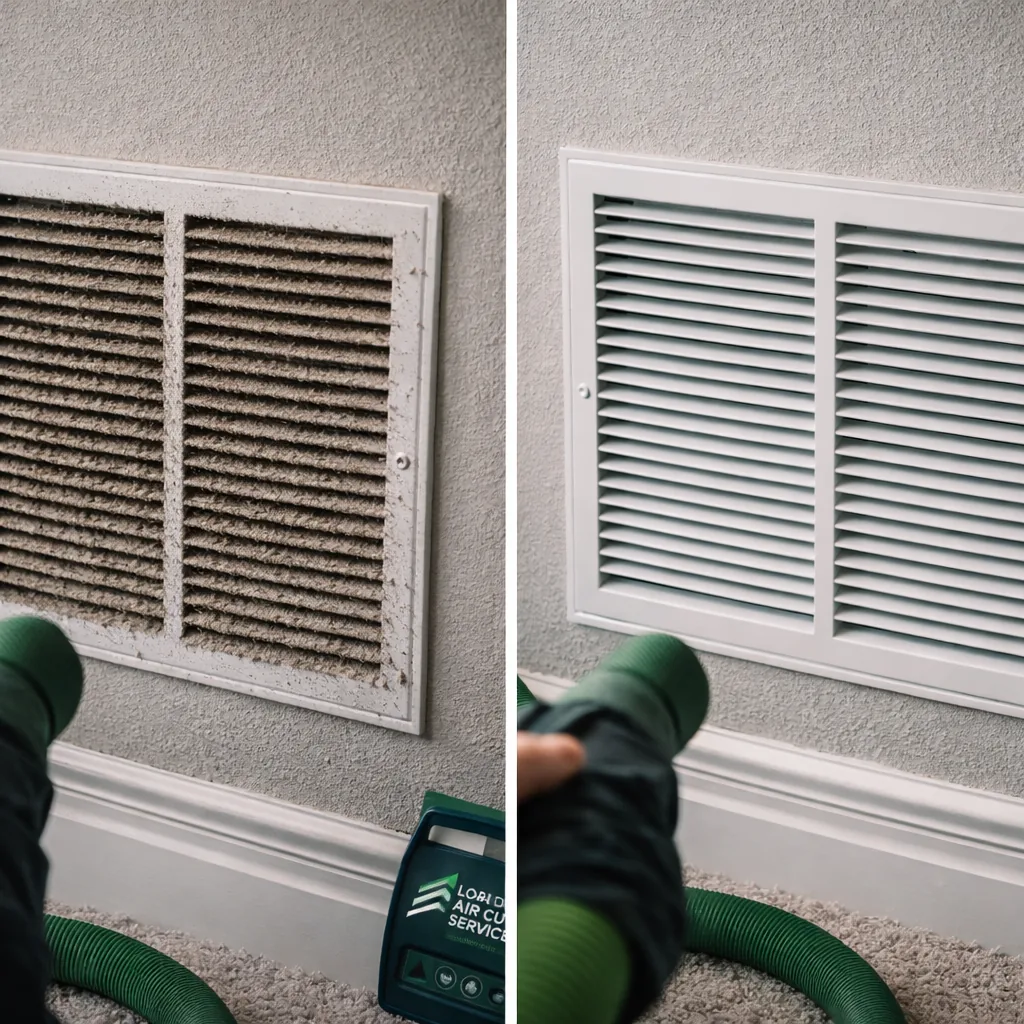 Dusty return grille in a Trophy Club home before cleaning next to the same grille clean and reinstalled