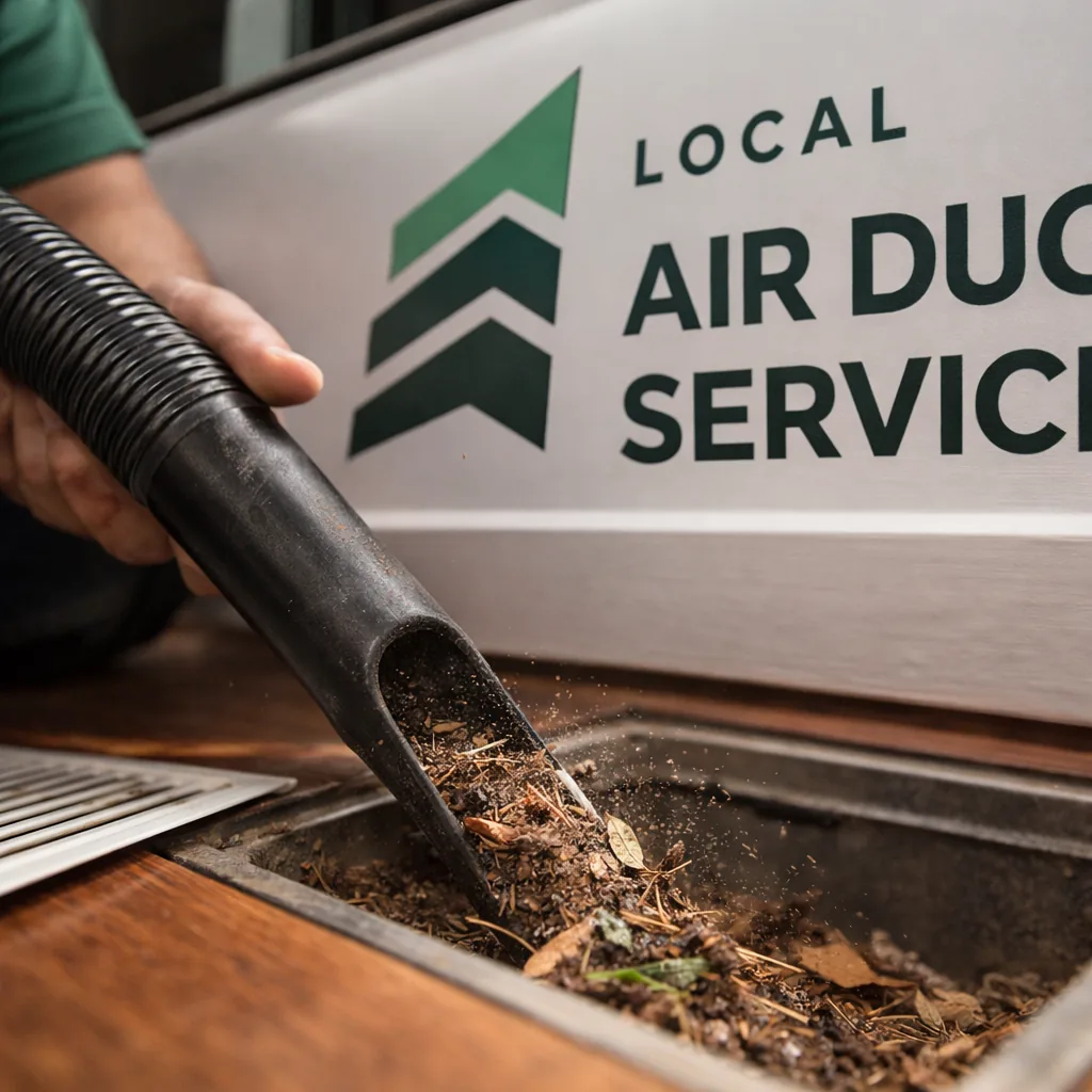 Close-up of fine landscaping debris being vacuumed out of a duct run near a supply register