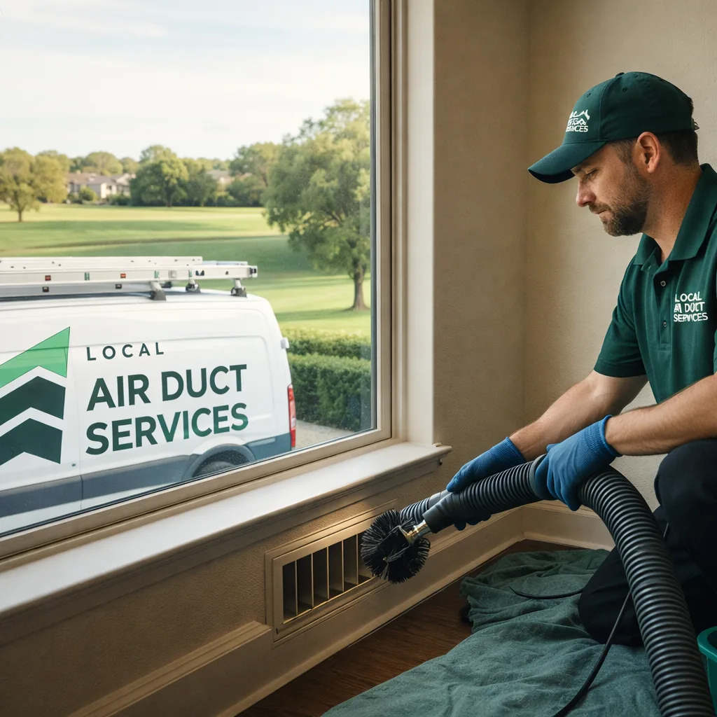 Technician cleaning a supply register inside a Trophy Club home with a golf course fairway visible through the back window