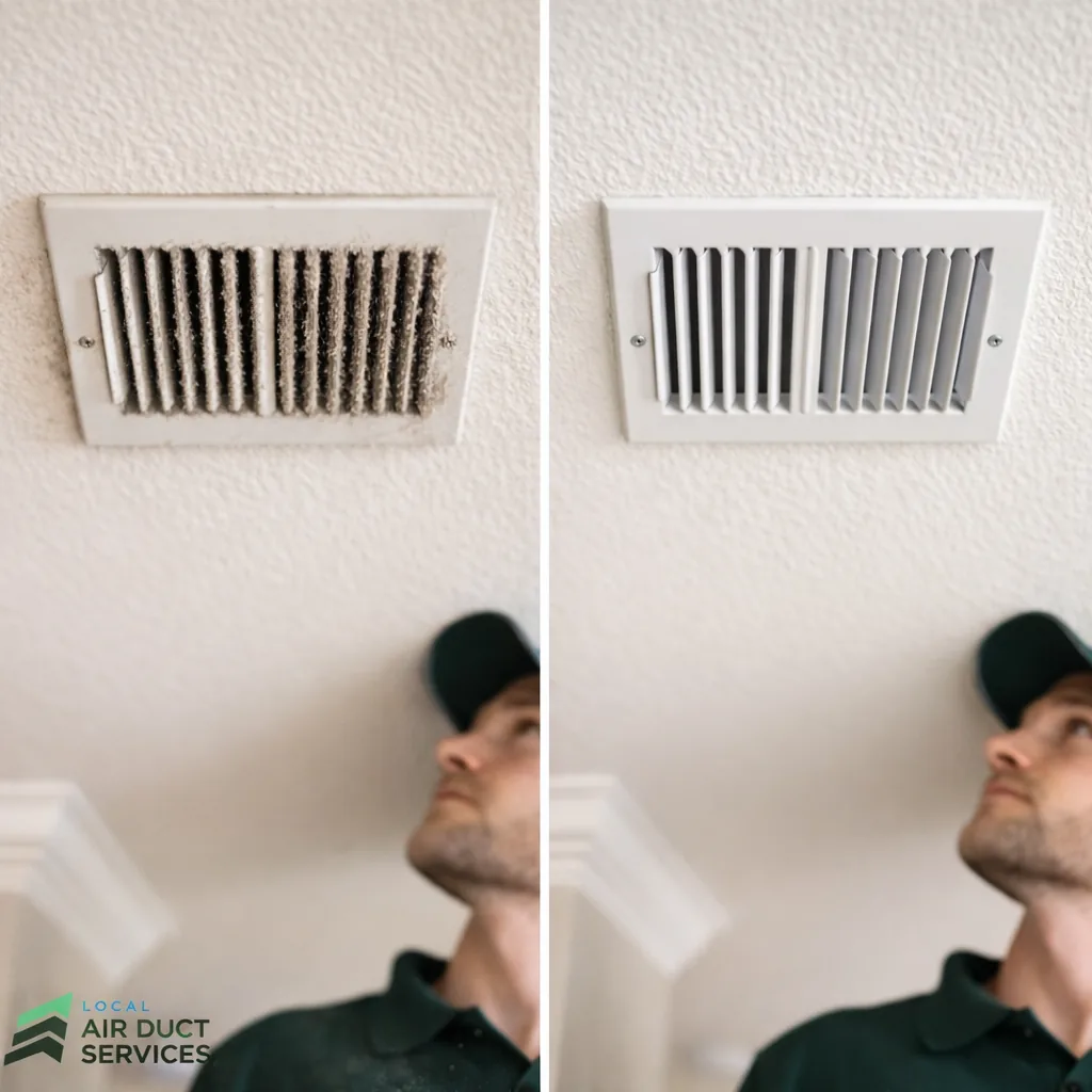 Dusty ceiling-mounted supply register in a Westlake home before cleaning next to the same register clean and reinstalled