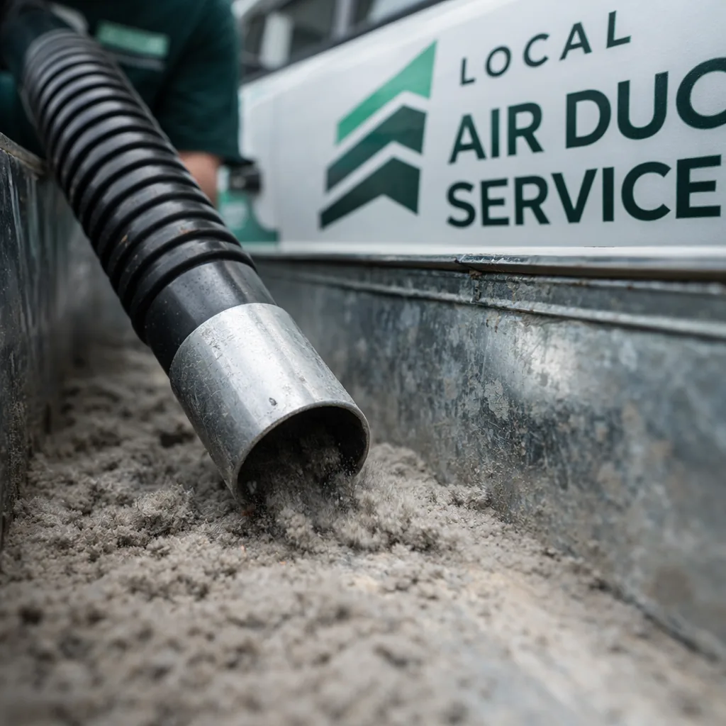 Close-up of settled dust being vacuumed from inside a long duct branch run
