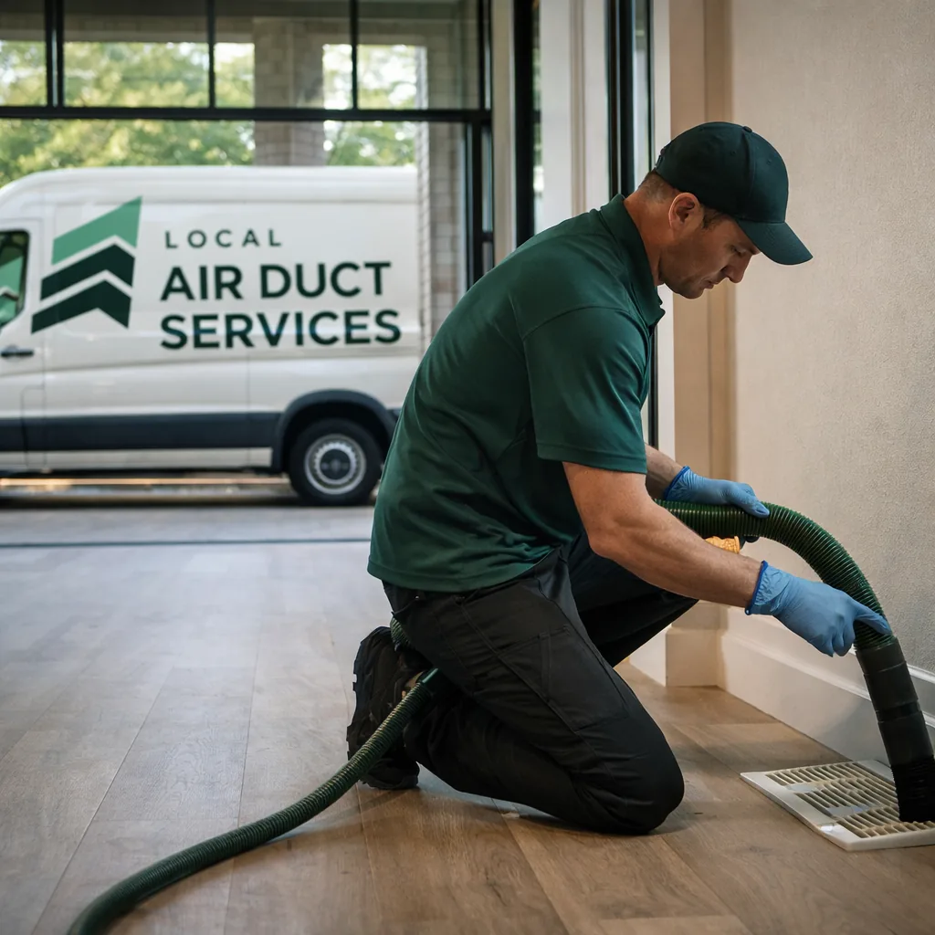 Technician cleaning a supply register inside a large custom Westlake home with high ceilings and expansive windows
