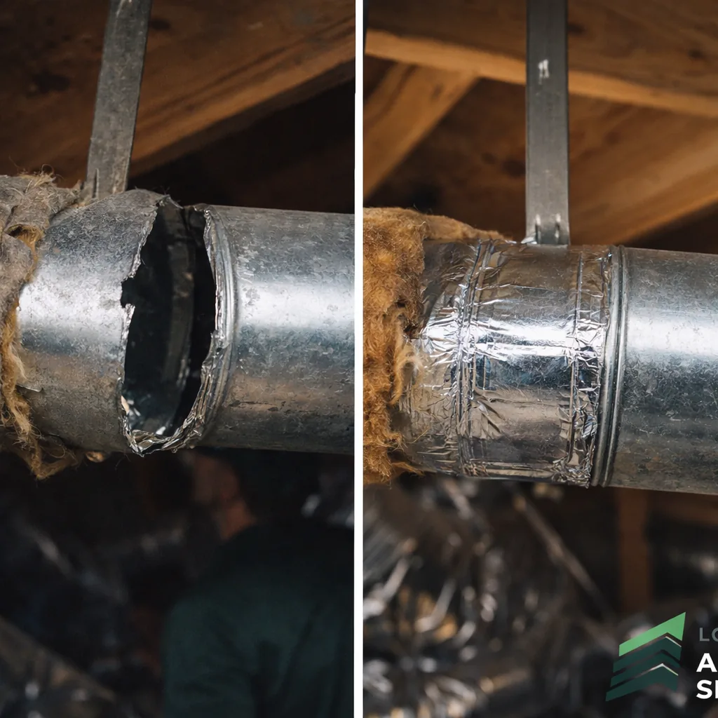 Side by side inspection photos showing a sealed duct joint next to one that had separated and was leaking air