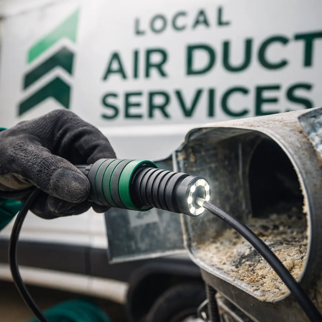 Close view of an inspection camera being fed into a duct branch line to check for buildup and damage