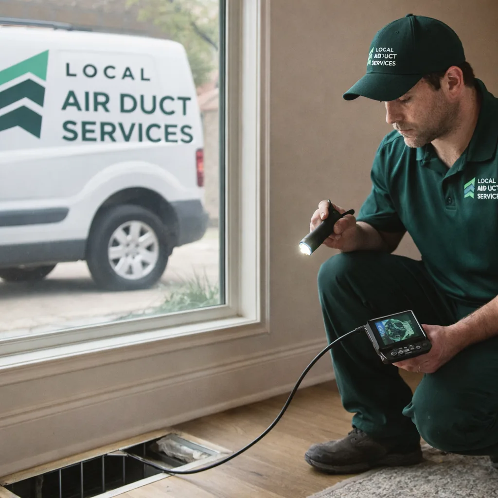 Technician inspecting an HVAC duct register in a Southlake area home with a flashlight and inspection camera