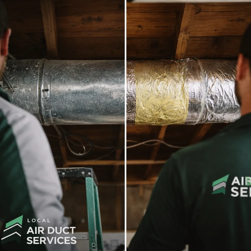 Bare metal duct run beside the same section fully wrapped in fiberglass insulation with sealed facing