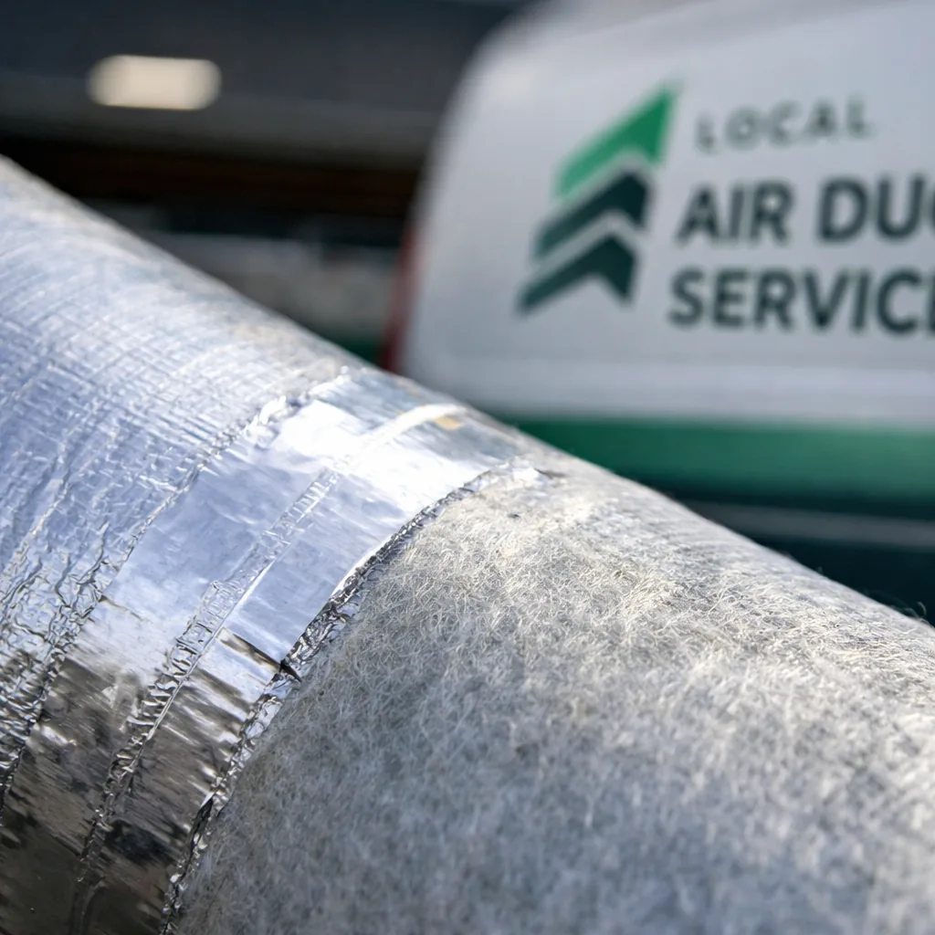 Close-up of a properly sealed insulation seam and vapor barrier facing on a wrapped duct