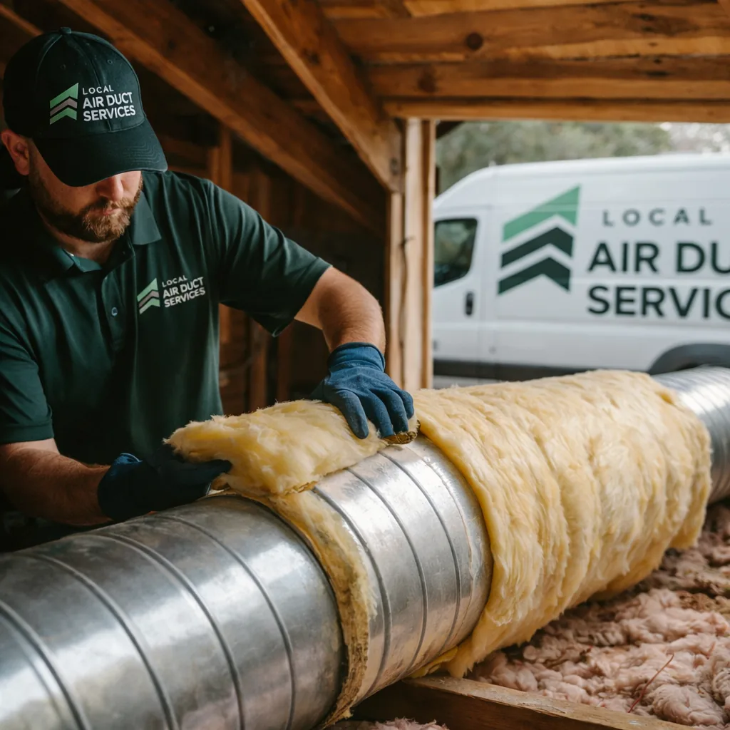 Technician wrapping fiberglass insulation around a metal duct run in a hot Southlake-area attic