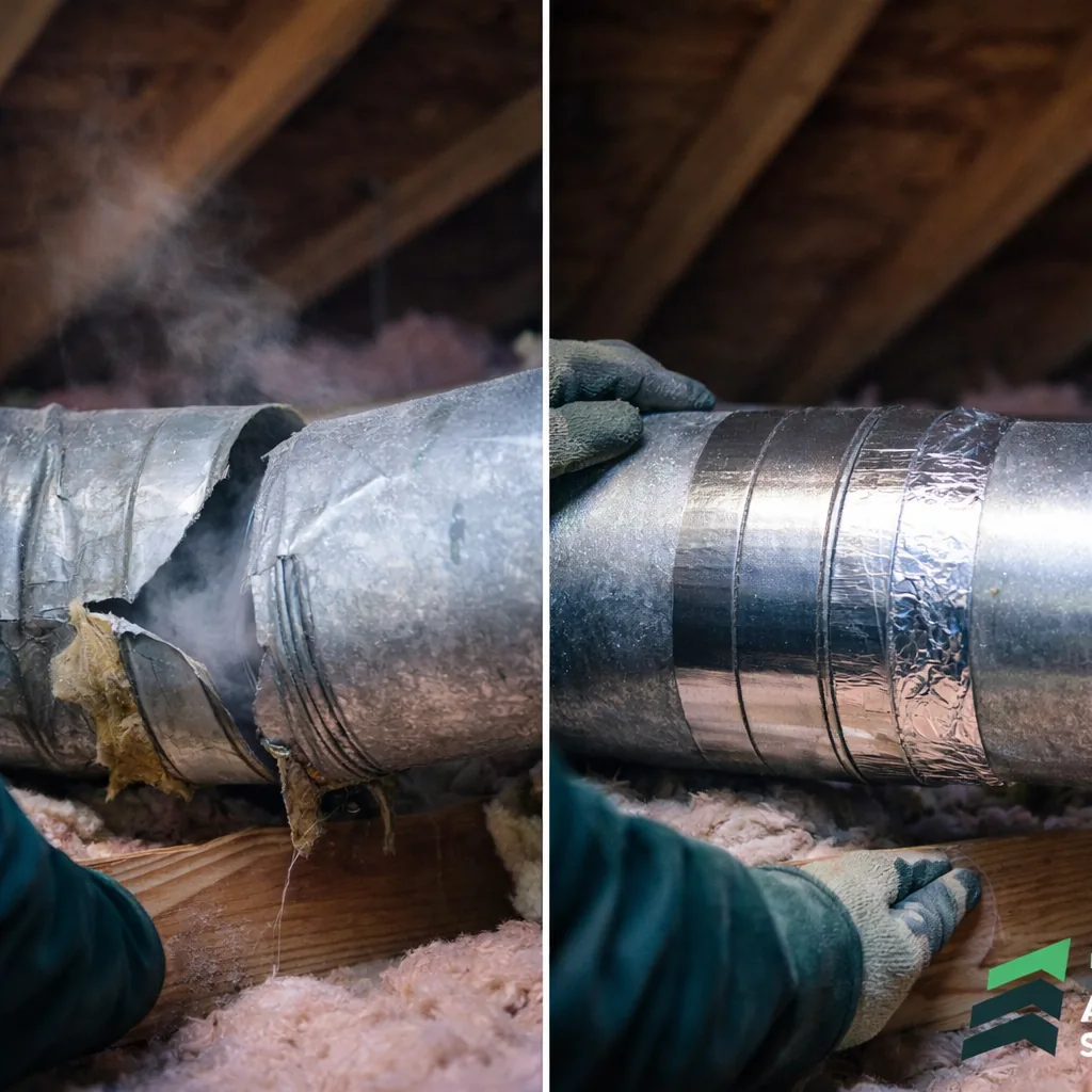 A separated duct joint leaking air shown next to the same joint after being sealed and reconnected