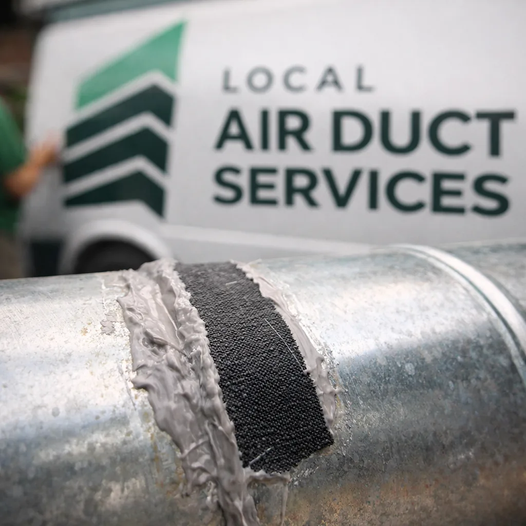 Close view of a patched section on a metal duct run showing the repair material and seal