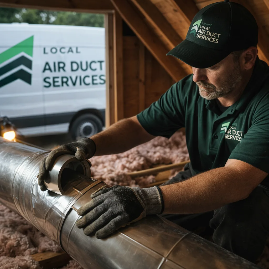 Technician sealing a separated duct joint in the attic of a Southlake area home