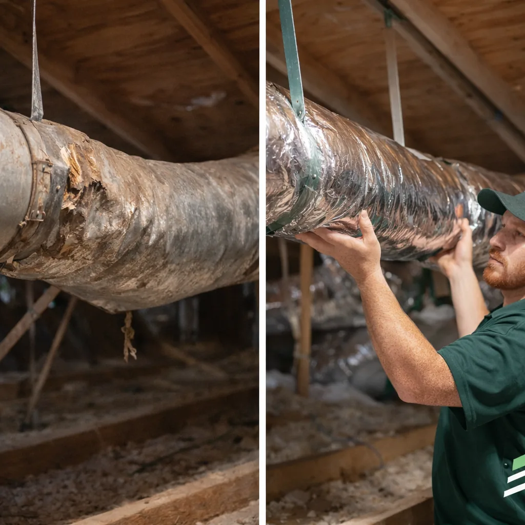 A corroded, sagging duct section shown next to the newly installed and insulated replacement in the same location