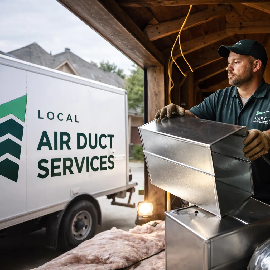 Technician installing a new section of metal ductwork in the attic of a Southlake area home