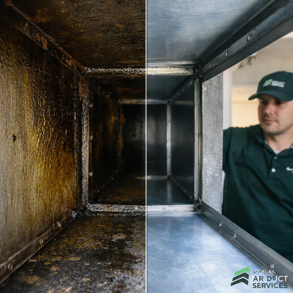 Grease-affected commercial duct section next to the same section after cleaning