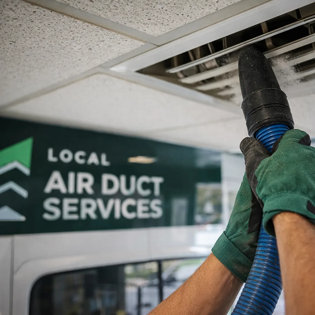 Close-up of a technician cleaning a supply register in a retail storefront ceiling