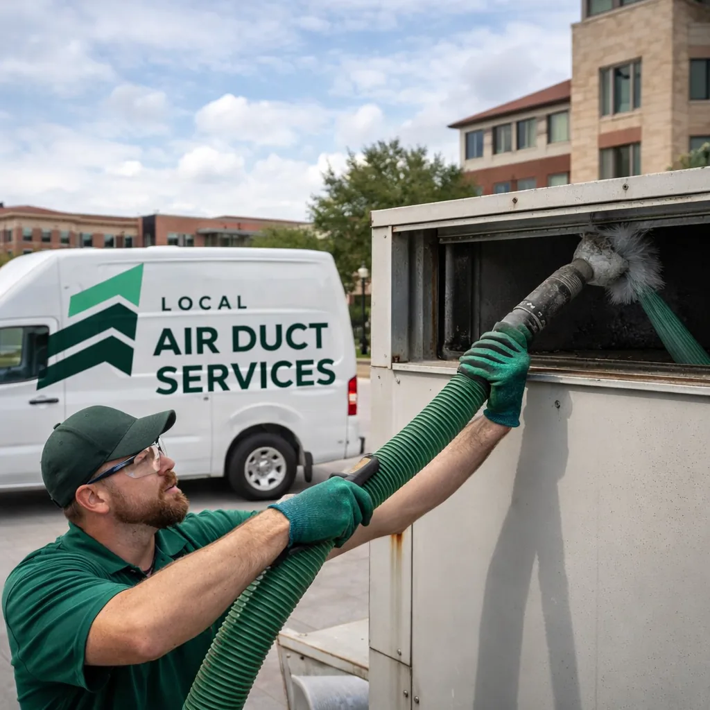Technician cleaning a commercial rooftop HVAC unit duct connection above an office suite in Southlake