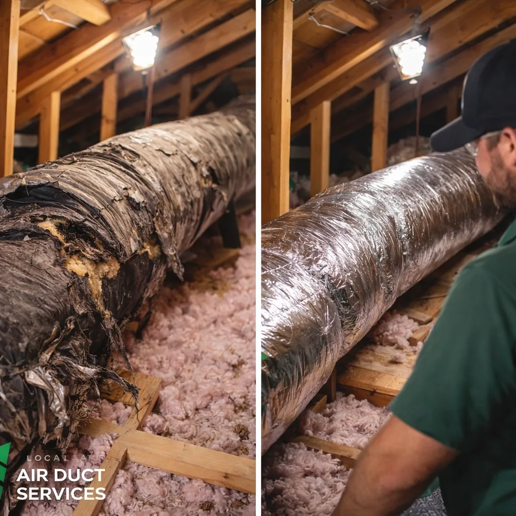 Old damaged duct run next to a newly replaced and insulated section in the same attic