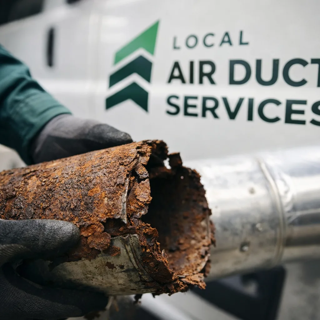 Close-up of a corroded duct section being assessed for replacement scope
