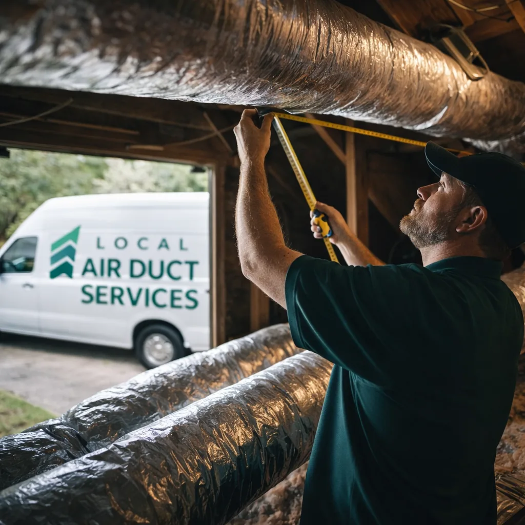 Technician measuring a duct run in the attic of a Southlake-area home to scope a replacement quote