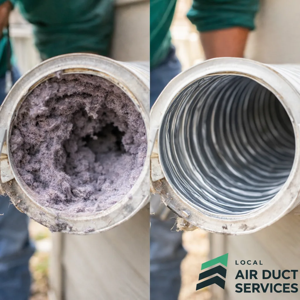 Dryer vent duct packed with compressed lint before cleaning next to the same section fully cleared after service
