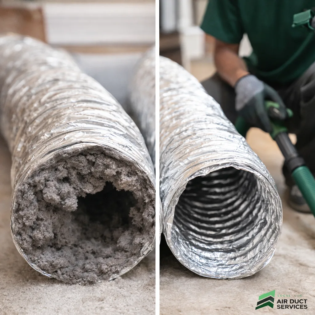 Compressed lint-packed dryer vent line beside the same section fully cleared after service