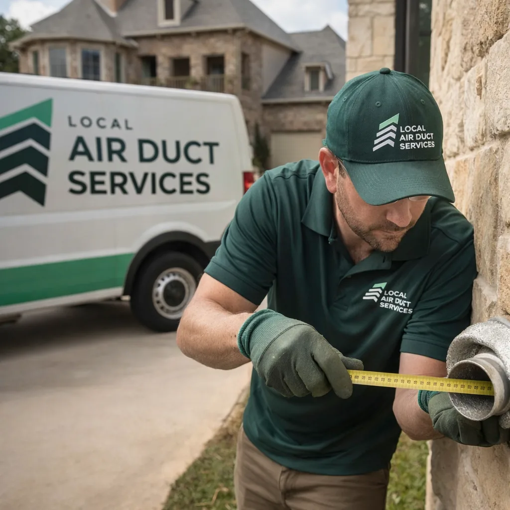 Technician measuring the length of a dryer vent run before quoting a cleaning job in a Southlake-area home