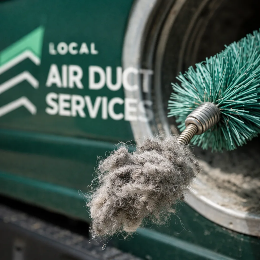 Close-up of a flexible cleaning brush pulling lint out of a vent duct