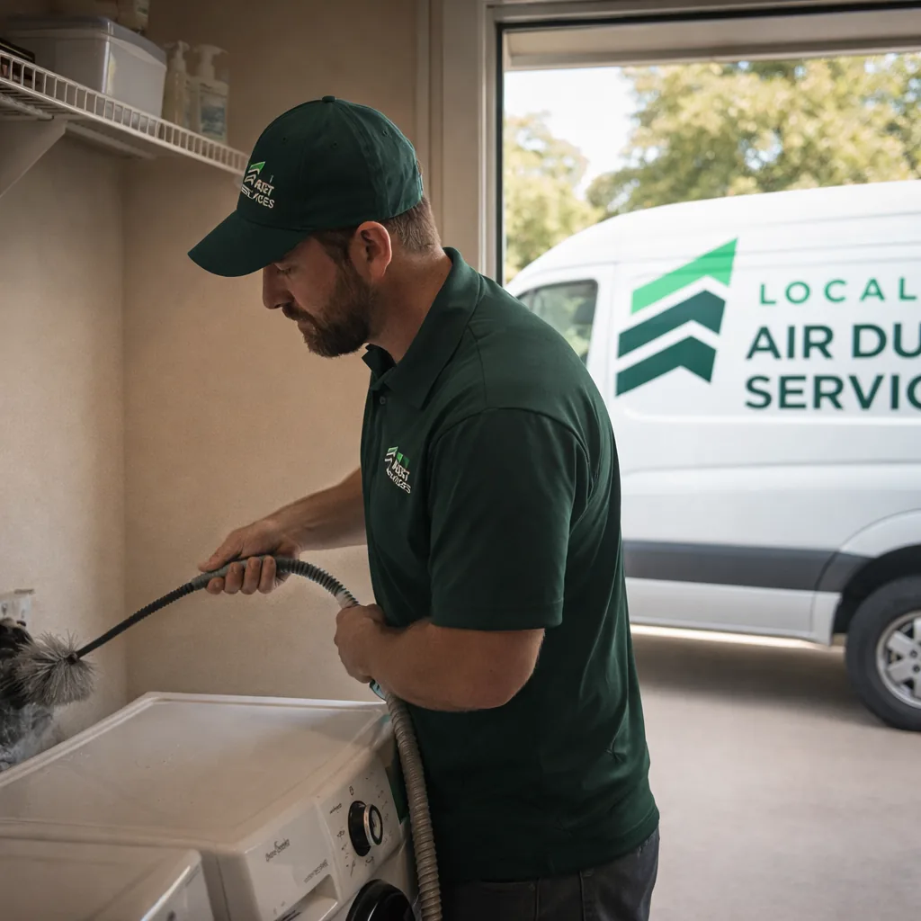 Technician using a long flexible brush to clean out a dryer vent duct in a Southlake-area laundry room