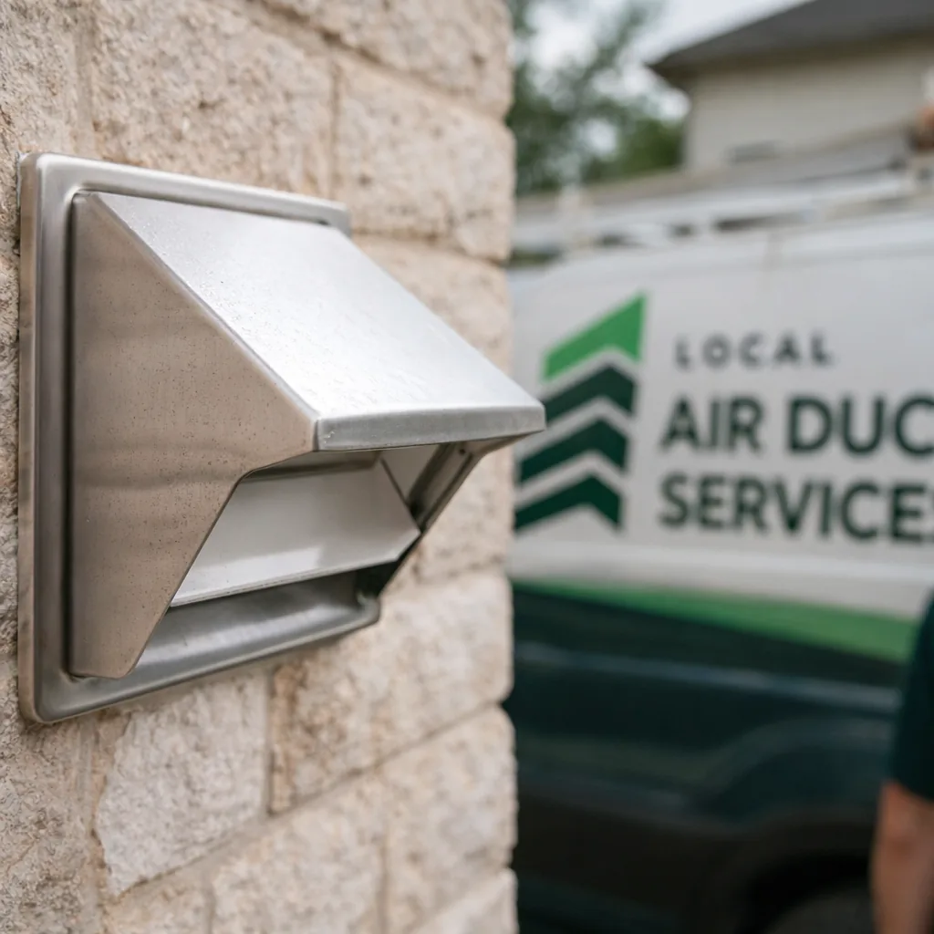 Close-up of a new exterior dryer vent cap and damper installed on the outside wall of a two-story home