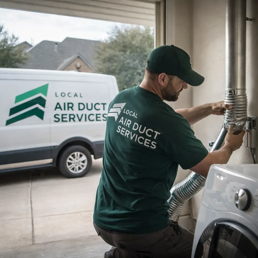 Technician installing rigid metal dryer vent ducting behind a laundry appliance in a Southlake-area home
