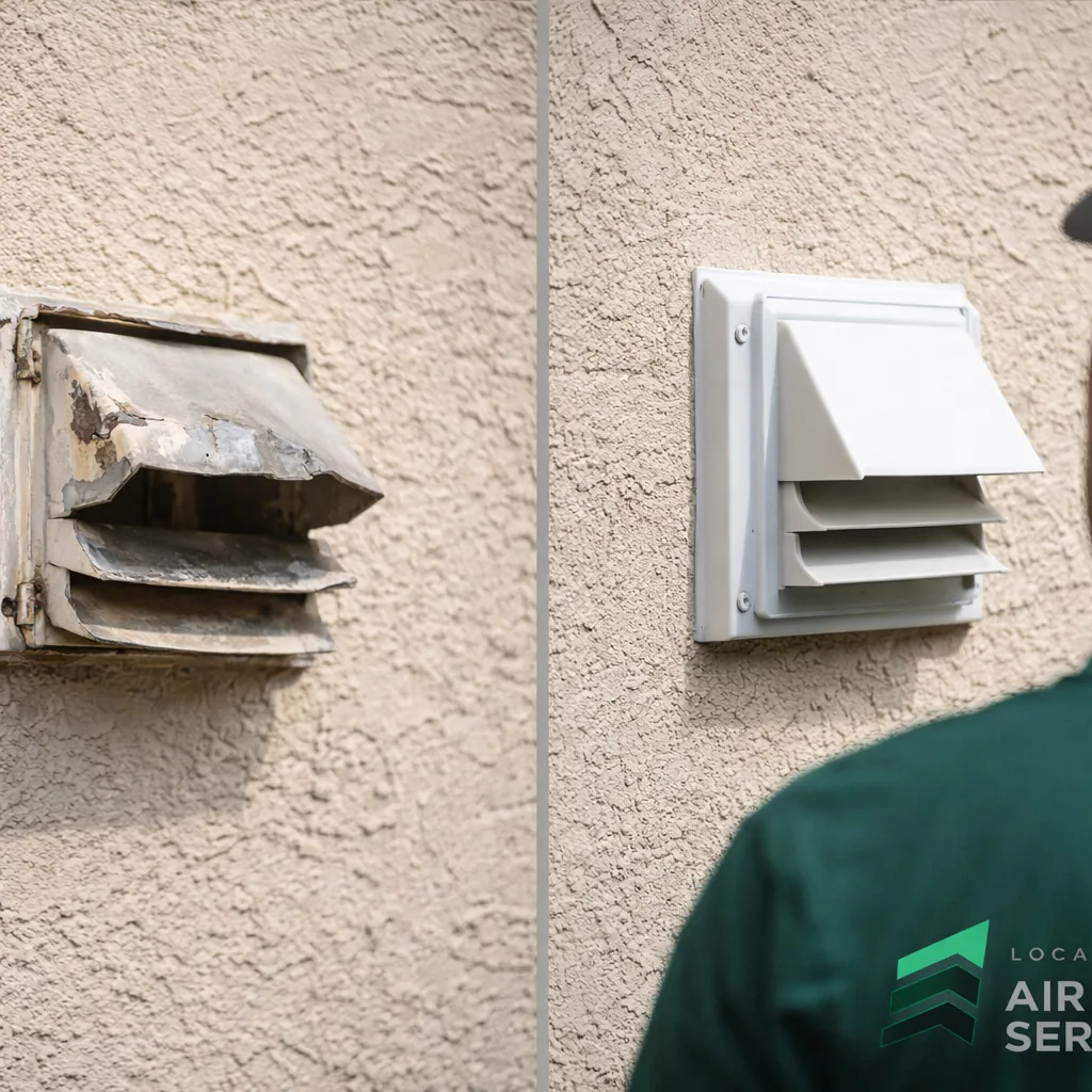 A damaged exterior dryer vent cap shown side by side with its replacement